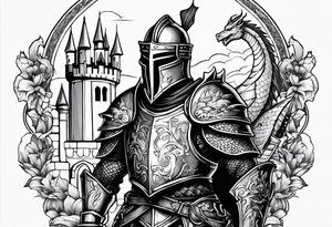 knight in armor full body with castle in background and dragon tattoo idea