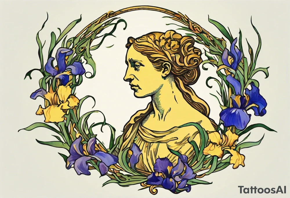 Create a colorful Vincent van Gogh Irises tattoo with an ancient Greek female statue in the middle. The tattoo should take the form of a crescent, with vines gracefully intertwining at a central point in the middle of the wreath.  The intended placement is on the upper chest. The overall design should be small in size while maintaining a delicate and artistic aesthetic. Pay attention to the graceful flow of the vines and the placement of the irises to achieve a refined and elegant look. tattoo idea