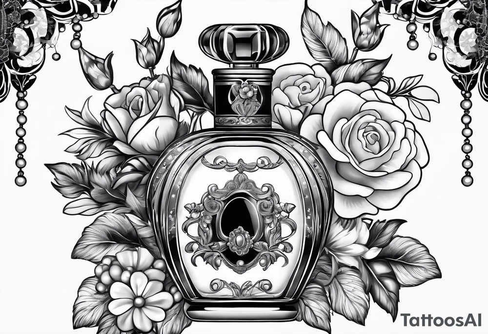 1950s perfume bottle with bows, pearls, lace, and flowers tattoo idea