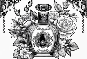 1950s perfume bottle with bows, pearls, lace, and flowers tattoo idea