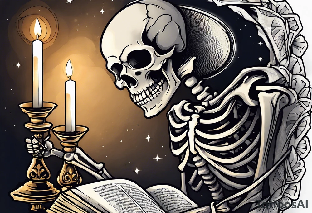 skeleton reading a holy bible by candle light tattoo idea
