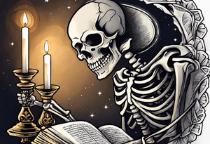 skeleton reading a holy bible by candle light tattoo idea