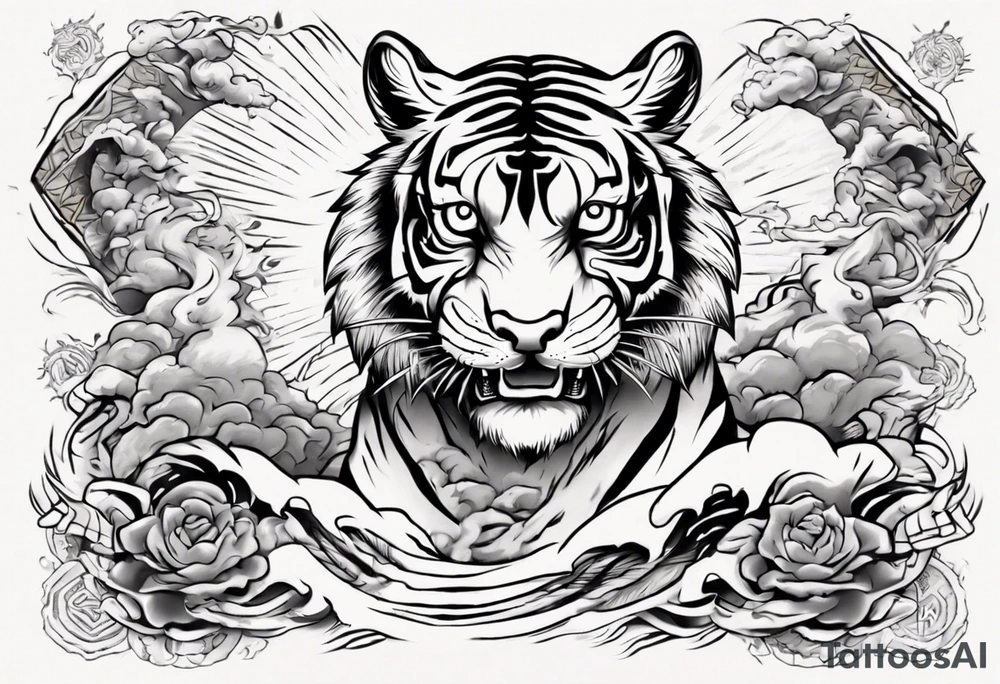 Ancient tiger with lightning and a sun for a forearm sleeve. With patterns surrounding it tattoo idea