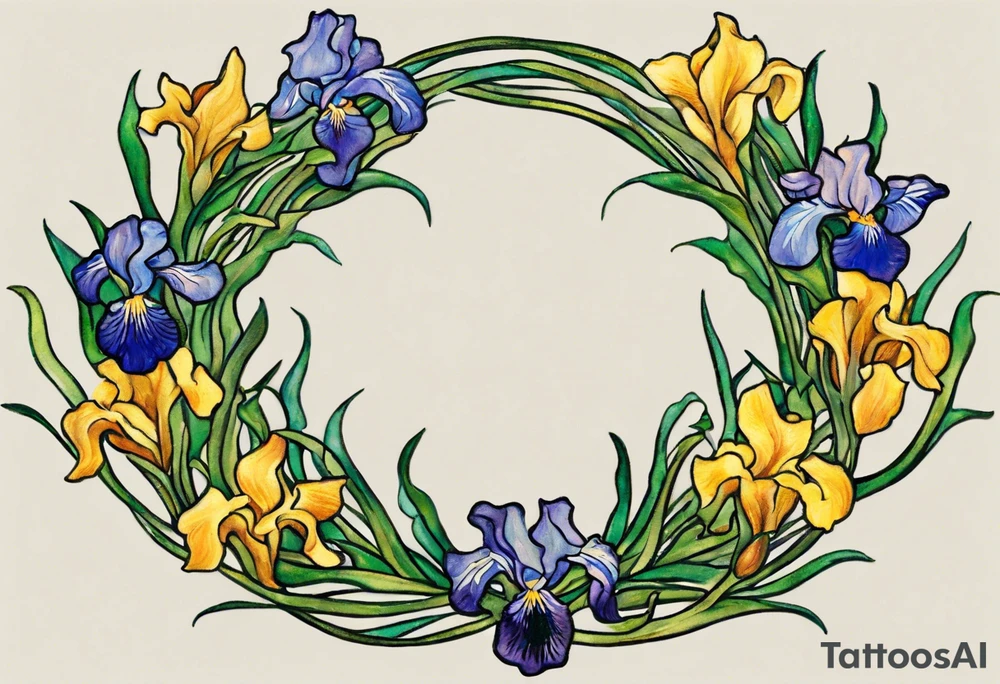 Create a small colorful Vincent van Gogh Irises tattoo in the form of a crescent, with vines or Celtic knots gracefully intertwining at a central point in the middle of the wreath.  In the middle of the wreath are mountains and other items found in New Mexico. Ensure that the design avoids the appearance of a bush and maintains a more structured and deliberate arrangement. The intended placement is on the upper chest. The overall design should be small in size while maintaining a delicate and artistic aesthetic. Pay attention to the graceful flow of the vines and the placement of the irises to achieve a refined and elegant look. tattoo idea