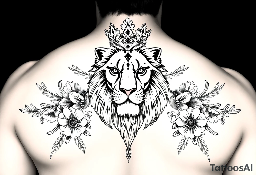 powerful majestic lion with a crown, surrounded by floral ornaments and birds tattoo idea