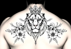 powerful majestic lion with a crown, surrounded by floral ornaments and birds tattoo idea