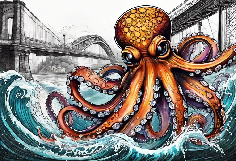 Octopus attacking bridge tattoo idea
