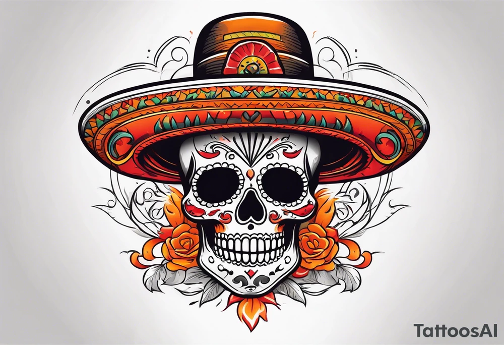 Mexican skull with sombrero with smoke coming out of the bottom orange and red tattoo idea