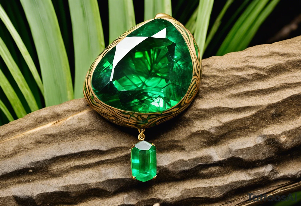 Tattoo: A striking Gachala emerald sits at the base of a tall quindio wax palm, which grows resiliently from cracks in rugged, rocky soil. The emerald is the main focal point, symbolizing strength and endurance, while the wax palm, rooted in the soil’s crevices, represents growth and resilience. A small water stream flows gently from the rocks, adding an element of life and nourishment tattoo idea