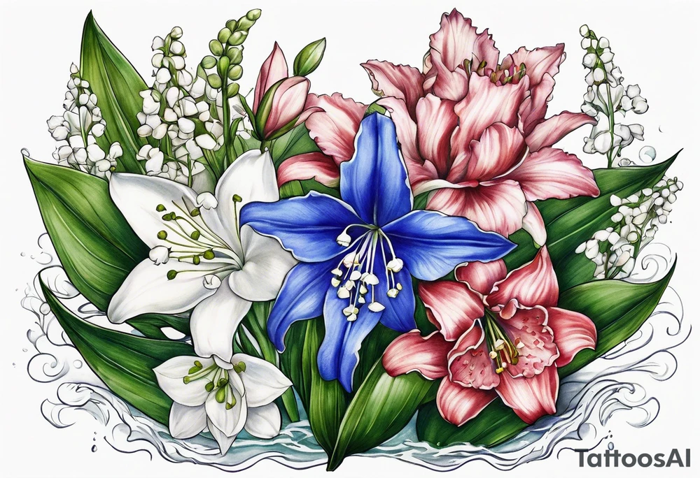 Big Larkspur and Lily of the valley flowers surrounded by water lilies, Hawthorne flowers, carnations, and snowdrop flowers tattoo idea