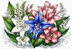 Big Larkspur and Lily of the valley flowers surrounded by water lilies, Hawthorne flowers, carnations, and snowdrop flowers tattoo idea