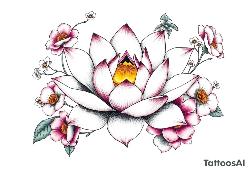 Lotus flower surrounded by forget me nots and peonies tattoo idea