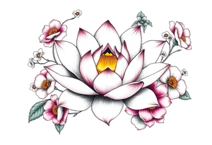 Lotus flower surrounded by forget me nots and peonies tattoo idea
