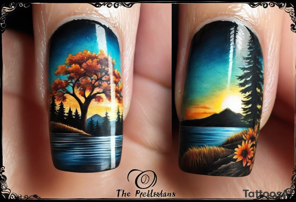 I want a calf tattoo with a super realistic paw print, including lifelike texture and shading, especially on the nails. Inside the paw print, there's a detailed nature scene: mountains, a lake, a stream, and southern oak trees with wide canopies like a traditional southern background. Keep the peeks of the mountains soft. The sun peeks over the mountains, shining and reflecting over the land and water, with realistic shading for depth. Around the paw print, l'd like a splotchy, fading background for a natural, textured look, but without any animals. The overall style should be detailed and realistic, with strong shading and dimension. No color and very realistic in the paw. tattoo idea