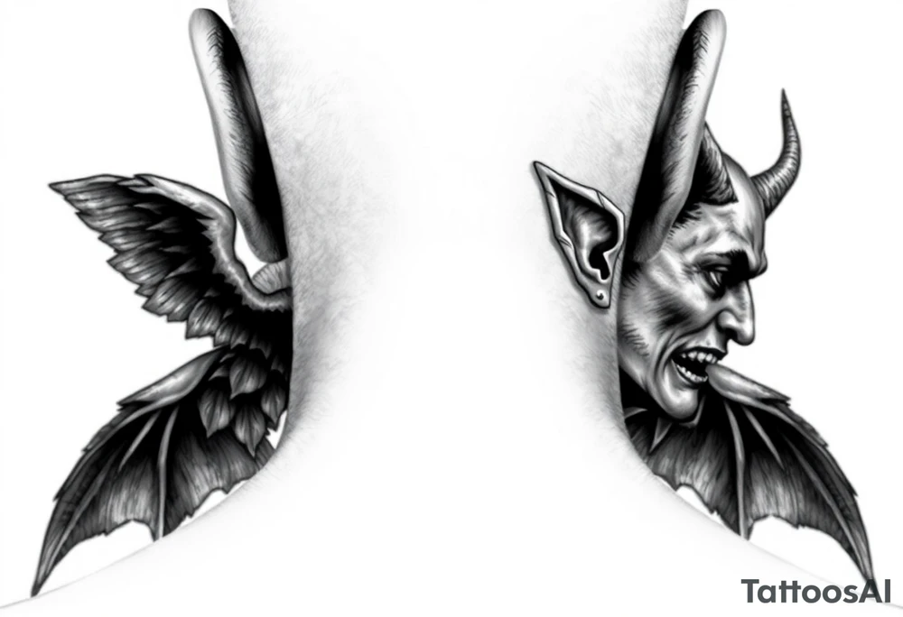 position behind the neck Angel (on the right) whispering in the right ear, demon (on the left) whispering in the left ear. It must be as realistic as possible. tattoo idea