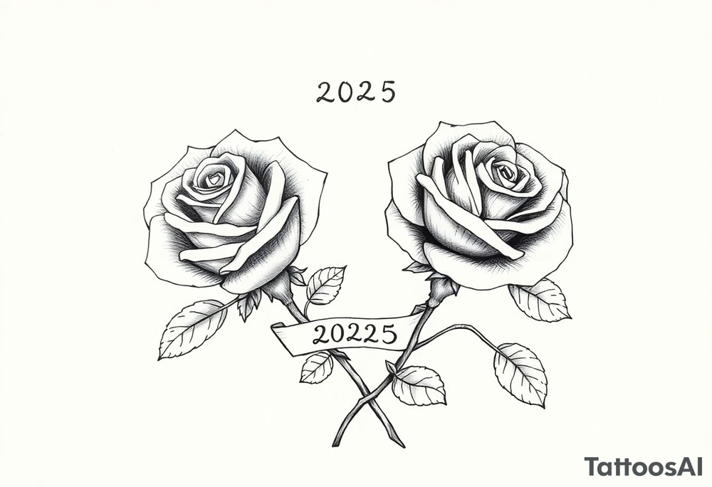 two beautiful rose buds, with many leaves and stems intertwined, representing two people in love. Include a small banner with "2025" on it.  The word "Rose" written in Kanji above the drawing. tattoo idea