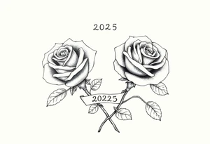 two beautiful rose buds, with many leaves and stems intertwined, representing two people in love. Include a small banner with "2025" on it.  The word "Rose" written in Kanji above the drawing. tattoo idea