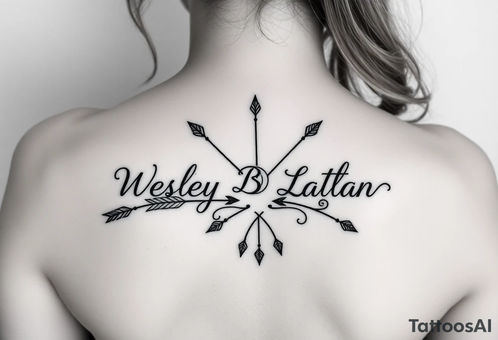 Name tattoo with Wesley Brantley Logan with entwined arrows and moons and stars tattoo idea