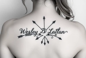 Name tattoo with Wesley Brantley Logan with entwined arrows and moons and stars tattoo idea
