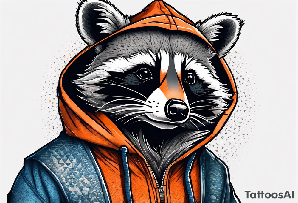 Raccoon wearing an orange Superman hoodie tattoo idea