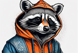Raccoon wearing an orange Superman hoodie tattoo idea
