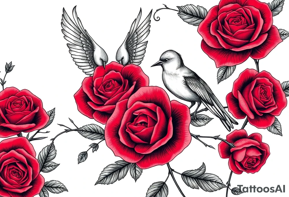 Vintage lace, red roses, red birds tattoo idea