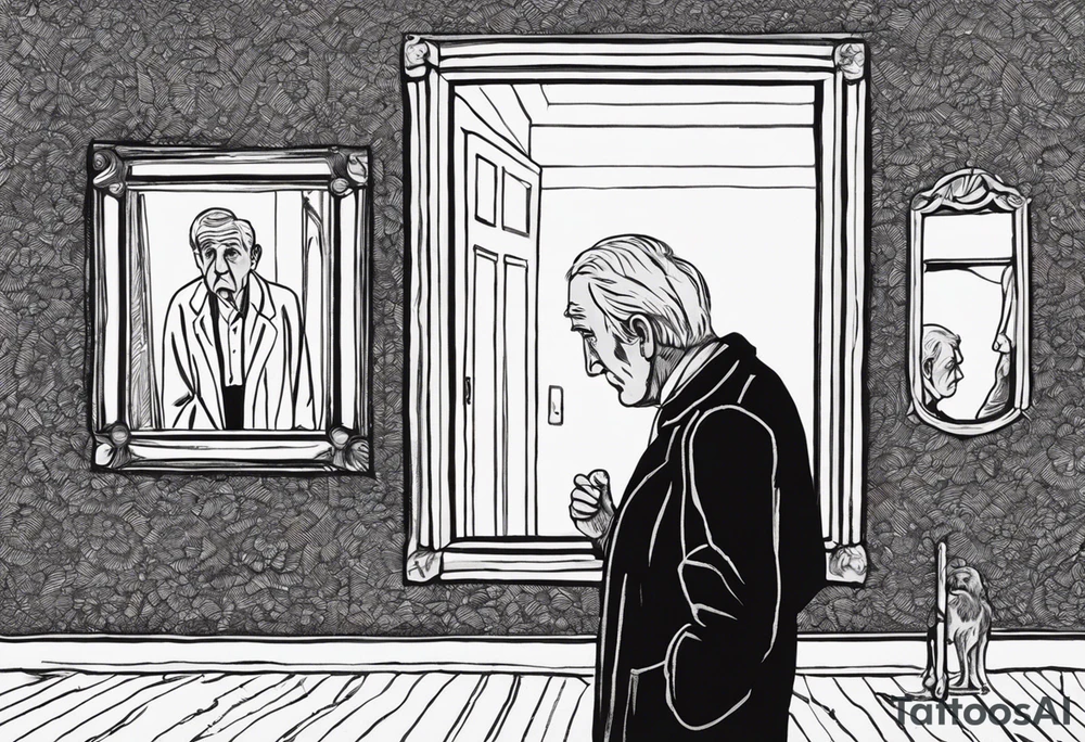 To visualize your idea:

The old, sad man stands in front of the mirror, with deep lines on his face, expressing sorrow and a sense of loss.
The mirror reflects a joyful child, symbolizing lost youth, innocence, and nostalgia. The child’s reflection should be bright, standing in stark contrast to the man’s appearance.
Surrounding them are wilted flowers, such as roses and lilies, representing the fragility of life and time passing.
Dark, heavy shading and contrasts would emphasize the melancholic atmosphere. tattoo idea