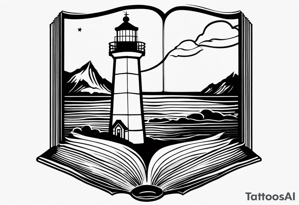 lighthouse shining light onto open book tattoo idea