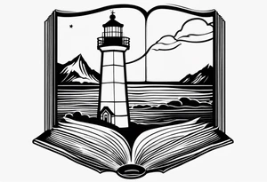 lighthouse shining light onto open book tattoo idea