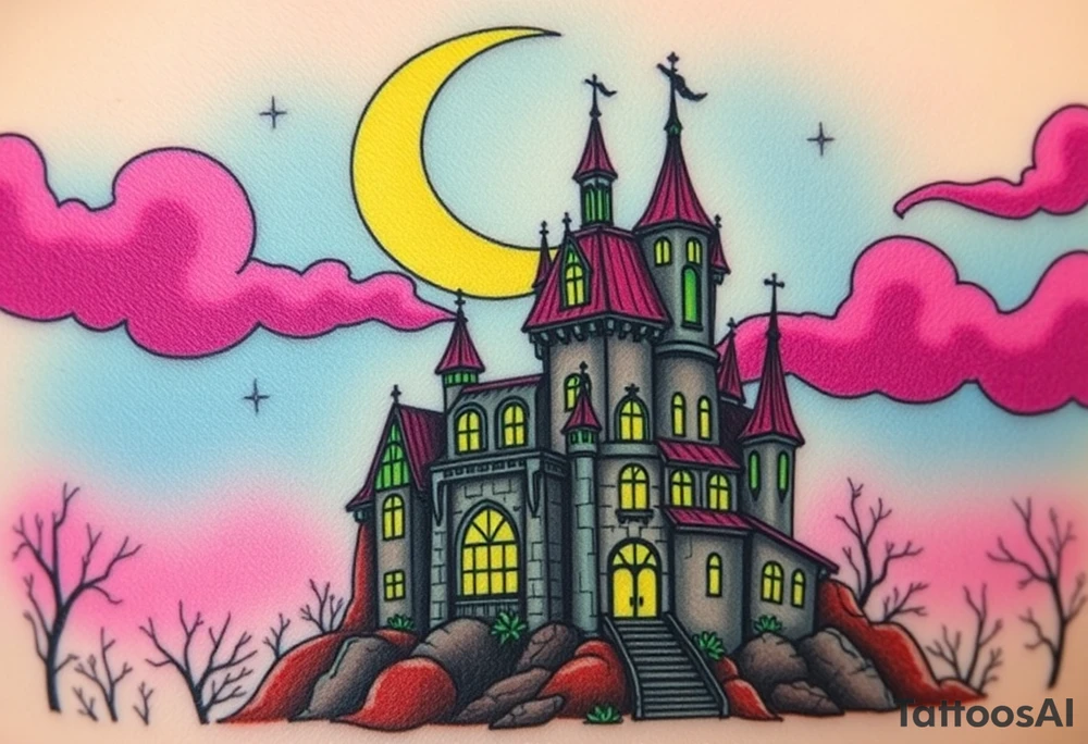 Tim Burton’s disney sleeping beauty’s haunted castle is abandoned and dripping with muted reds, dusty pinks, and eerie green glow.purple and cyan smokey clouds swirl in the crescent moonlit sky thats sprinkled with stars tattoo idea tattoo idea