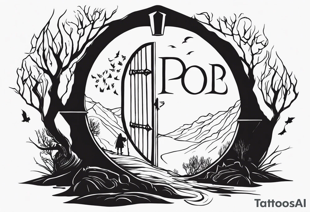 Lord of the rings and Harry Potter movie mashup. Small and simple. Hobbit door hole, wands, elvish writing, deathly hallows tattoo idea