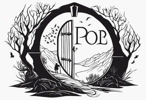 Lord of the rings and Harry Potter movie mashup. Small and simple. Hobbit door hole, wands, elvish writing, deathly hallows tattoo idea