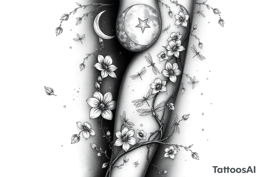 full arm thick vines with small mystical flowers, dragonflies, stars, celestial moon tattoo idea