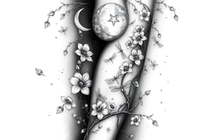 full arm thick vines with small mystical flowers, dragonflies, stars, celestial moon tattoo idea