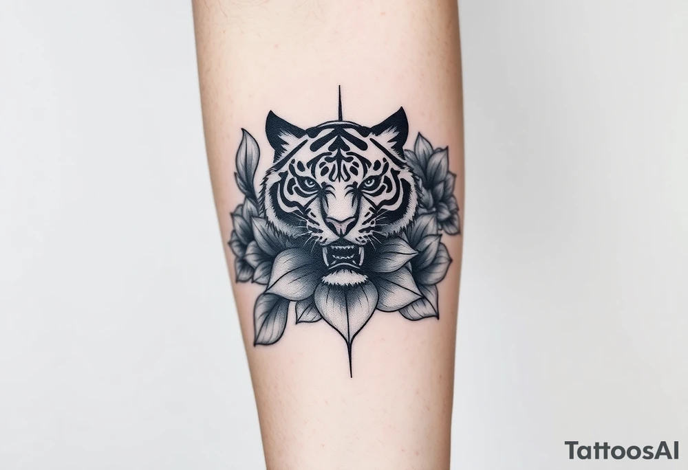 fierce tiger emerging through blooming lotus flowers in mist tattoo idea