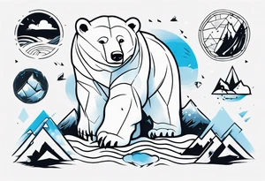 arm tattoo of weather and a little muscular polar bear and ice berg and some nature make colors primary black and white with a little blue tattoo idea