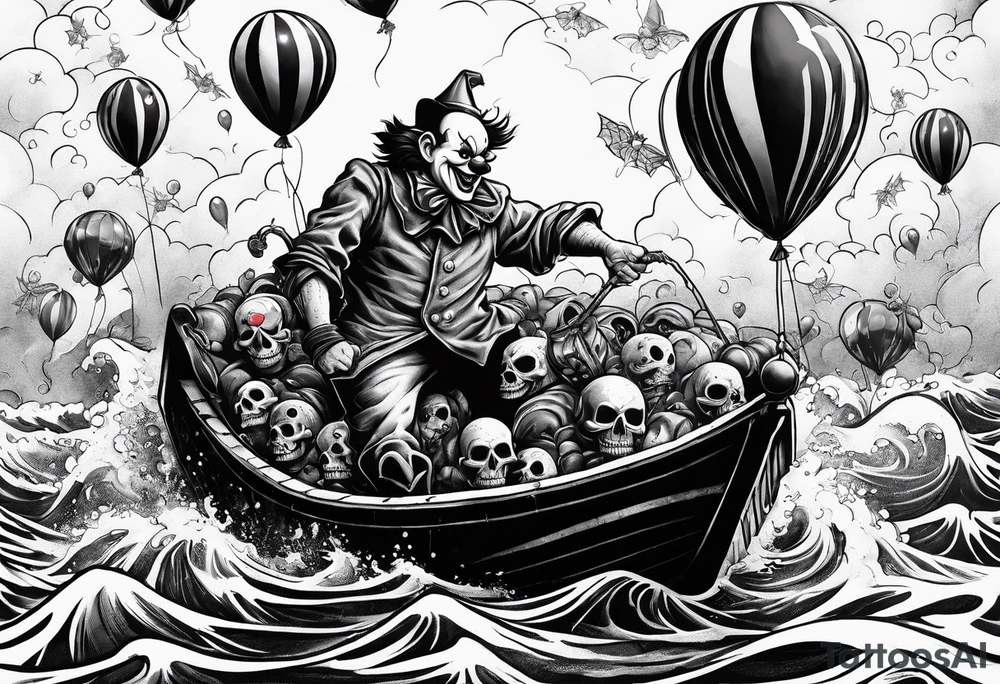 penny wise clown riding on georgies 
paper boat dragging skulls from other dead people behind him through the sewer system with a balloon covered in spiders tattoo idea