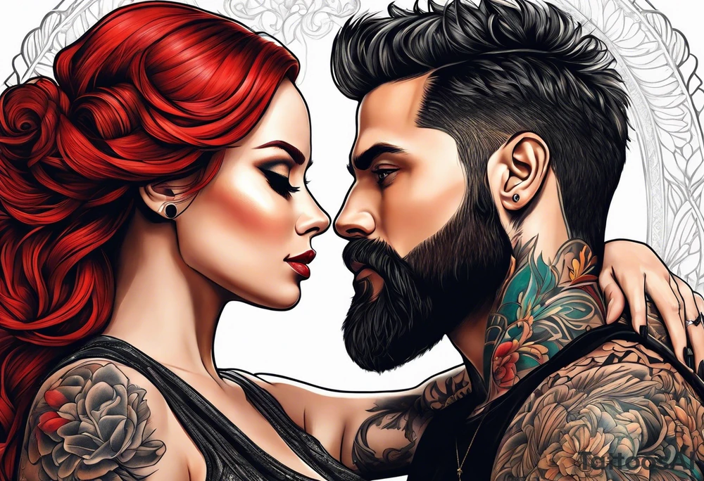 Busty red haired woman with a bearded man who has black hair tattoo idea