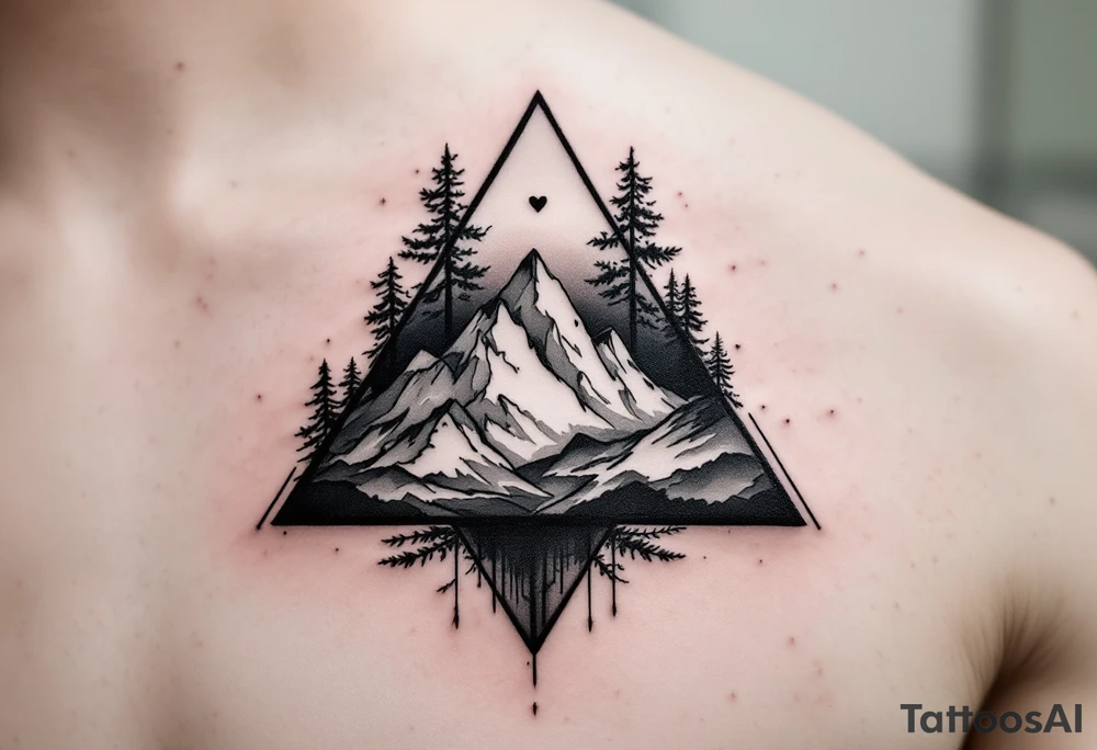 A triangle with a big heart in the cente with a mountain theme tattoo idea