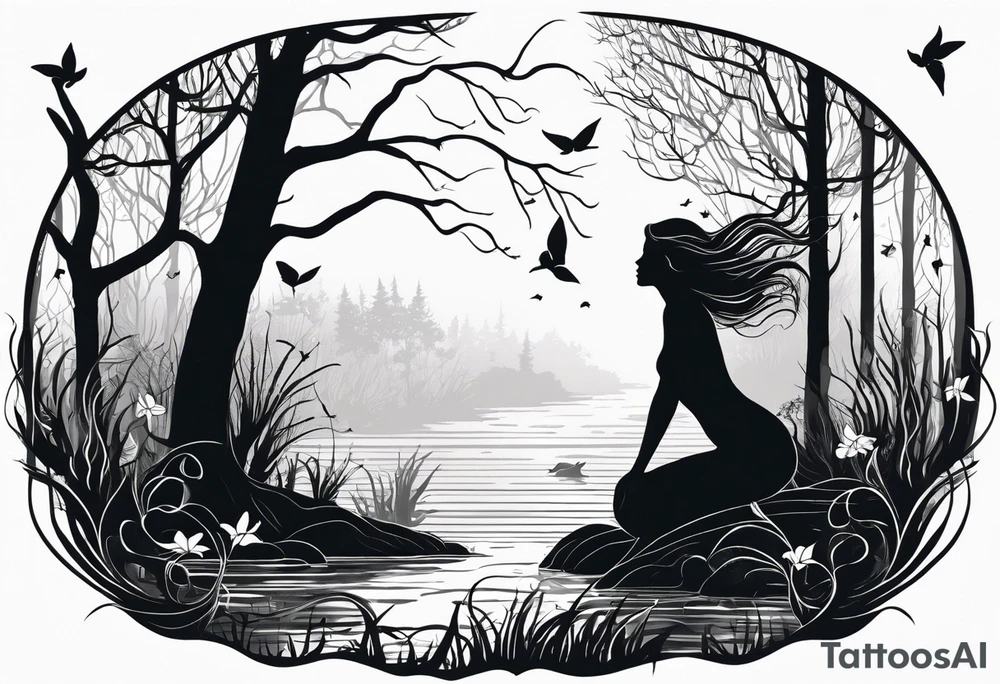 Mermaid silhouette in a swamp with trees and music. tattoo idea