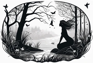 Mermaid silhouette in a swamp with trees and music. tattoo idea