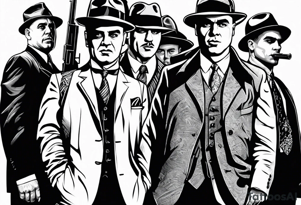 group of gangsters standing together including Al Capone, John Dillinger, Machine Gun Kelley, Bonnie and Clyde along with tommy guns tattoo idea