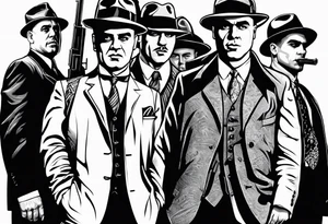 group of gangsters standing together including Al Capone, John Dillinger, Machine Gun Kelley, Bonnie and Clyde along with tommy guns tattoo idea