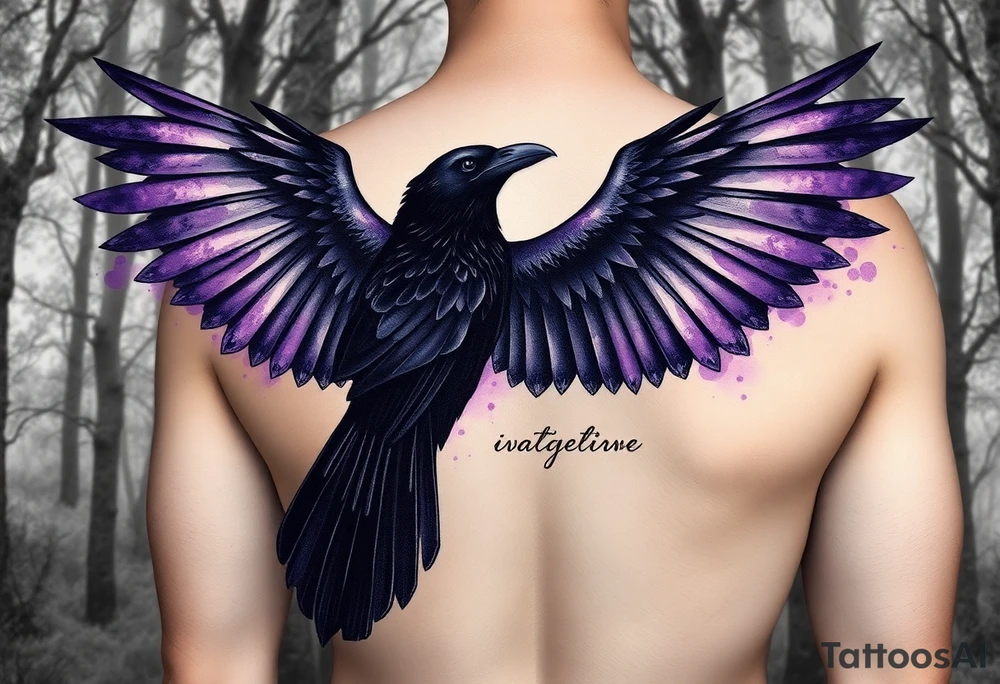 sleeve for ladies with a raven with open wings up, in a misty forest, purple shade watercolors coming from the wings, ethereal and vivid, Celtic/Viking symbols or marks with cursive romantic words tattoo idea
