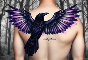 sleeve for ladies with a raven with open wings up, in a misty forest, purple shade watercolors coming from the wings, ethereal and vivid, Celtic/Viking symbols or marks with cursive romantic words tattoo idea