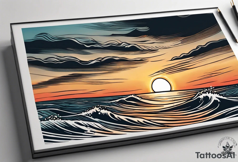 Tattoo from the perspective of being on the ocean at sunset. Water is calm, with very light waves, the sun is setting behind the ocean, reflicting light onto the ocean waves. tattoo idea