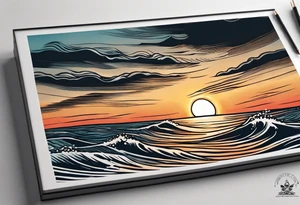 Tattoo from the perspective of being on the ocean at sunset. Water is calm, with very light waves, the sun is setting behind the ocean, reflicting light onto the ocean waves. tattoo idea