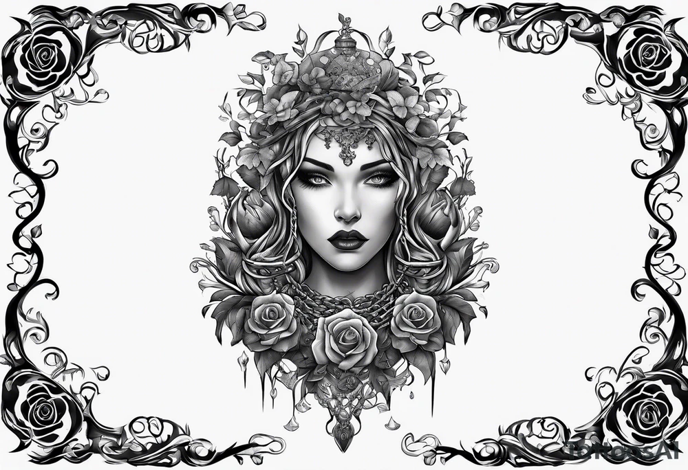 tattoo fool sleeve, old broken gothic home, broken sword, tree roots break out of the chains, roses tattoo idea