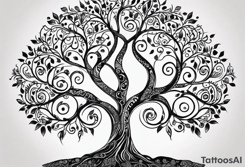 Black and white folk art whimsical tree of life drawing with roots winding all over tattoo idea
