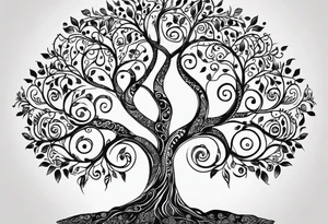 Black and white folk art whimsical tree of life drawing with roots winding all over tattoo idea